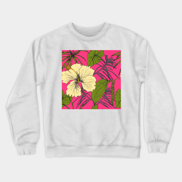 Tropical exotic flowers and leaves Crewneck Sweatshirt by Olga Berlet